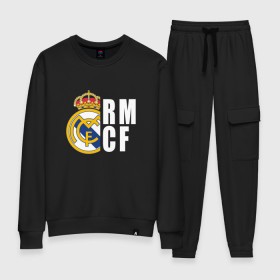 Женский костюм хлопок с принтом Real Madrid - RM/CF (Classic) в Тюмени, 100% хлопок | на свитшоте круглая горловина, мягкая резинка по низу. Брюки заужены к низу, на них два вида карманов: два 