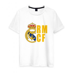 Мужская футболка хлопок с принтом Real Madrid - RM/CF в Тюмени, 100% хлопок | прямой крой, круглый вырез горловины, длина до линии бедер, слегка спущенное плечо. | 