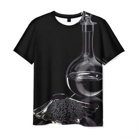 Мужская футболка 3D с принтом Водка и черная икра в Тюмени, 100% полиэфир | прямой крой, круглый вырез горловины, длина до линии бедер | Тематика изображения на принте: графин | еда | жидкость | закуска | темный | черный
