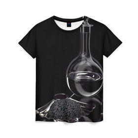 Женская футболка 3D с принтом Водка и черная икра в Тюмени, 100% полиэфир ( синтетическое хлопкоподобное полотно) | прямой крой, круглый вырез горловины, длина до линии бедер | графин | еда | жидкость | закуска | темный | черный