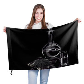 Флаг 3D с принтом Водка и черная икра в Тюмени, 100% полиэстер | плотность ткани — 95 г/м2, размер — 67 х 109 см. Принт наносится с одной стороны | графин | еда | жидкость | закуска | темный | черный