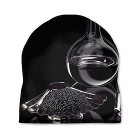 Шапка 3D с принтом Водка и черная икра в Тюмени, 100% полиэстер | универсальный размер, печать по всей поверхности изделия | графин | еда | жидкость | закуска | темный | черный