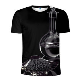 Мужская футболка 3D спортивная с принтом Водка и черная икра в Тюмени, 100% полиэстер с улучшенными характеристиками | приталенный силуэт, круглая горловина, широкие плечи, сужается к линии бедра | графин | еда | жидкость | закуска | темный | черный