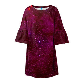 Детское платье 3D с принтом Розовые звёзды в Тюмени, 100% полиэстер | прямой силуэт, чуть расширенный к низу. Круглая горловина, на рукавах — воланы | Тематика изображения на принте: nebula | звезды | созвездие | туманность