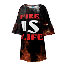 Детское платье 3D с принтом Fire is life (Огонь это жизнь) в Тюмени, 100% полиэстер | прямой силуэт, чуть расширенный к низу. Круглая горловина, на рукавах — воланы | Тематика изображения на принте: fire | is | life | алфавит | английский | большие | буквы | горит | жар | клевая | надпись | огонь | огонь это жизнь | пламя | пожар | полымя | прикольная | пыл | свет | слово | цитата