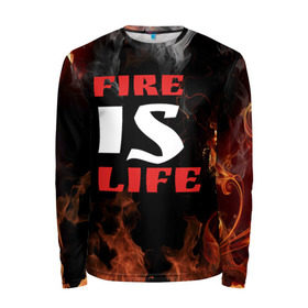 Мужской лонгслив 3D с принтом Fire is life (Огонь это жизнь) в Тюмени, 100% полиэстер | длинные рукава, круглый вырез горловины, полуприлегающий силуэт | fire | is | life | алфавит | английский | большие | буквы | горит | жар | клевая | надпись | огонь | огонь это жизнь | пламя | пожар | полымя | прикольная | пыл | свет | слово | цитата