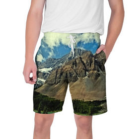 Мужские шорты 3D с принтом Высокие горы в Тюмени,  полиэстер 100% | прямой крой, два кармана без застежек по бокам. Мягкая трикотажная резинка на поясе, внутри которой широкие завязки. Длина чуть выше колен | пейзаж