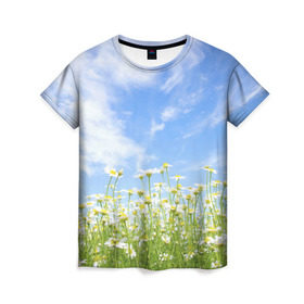 Женская футболка 3D с принтом Ромашковое поле в Тюмени, 100% полиэфир ( синтетическое хлопкоподобное полотно) | прямой крой, круглый вырез горловины, длина до линии бедер | желтый | красный | любовь | новинки | подарок | розы | сердце | текстура | тюльпаны | цветы