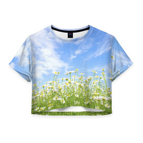 Женская футболка 3D укороченная с принтом Ромашковое поле в Тюмени, 100% полиэстер | круглая горловина, длина футболки до линии талии, рукава с отворотами | желтый | красный | любовь | новинки | подарок | розы | сердце | текстура | тюльпаны | цветы