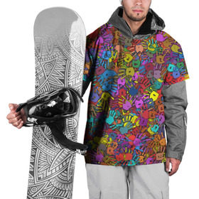 Накидка на куртку 3D с принтом Разноцветные отпечатки рук в Тюмени, 100% полиэстер |  | Тематика изображения на принте: клякса | краски | ладонь | пятна | рука | холи | цвет | цветные