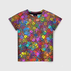 Детская футболка 3D с принтом Разноцветные отпечатки рук в Тюмени, 100% гипоаллергенный полиэфир | прямой крой, круглый вырез горловины, длина до линии бедер, чуть спущенное плечо, ткань немного тянется | клякса | краски | ладонь | пятна | рука | холи | цвет | цветные