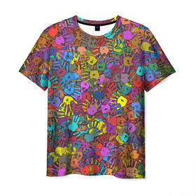 Мужская футболка 3D с принтом Разноцветные отпечатки рук в Тюмени, 100% полиэфир | прямой крой, круглый вырез горловины, длина до линии бедер | клякса | краски | ладонь | пятна | рука | холи | цвет | цветные