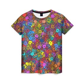 Женская футболка 3D с принтом Разноцветные отпечатки рук в Тюмени, 100% полиэфир ( синтетическое хлопкоподобное полотно) | прямой крой, круглый вырез горловины, длина до линии бедер | Тематика изображения на принте: клякса | краски | ладонь | пятна | рука | холи | цвет | цветные