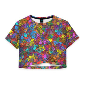 Женская футболка 3D укороченная с принтом Разноцветные отпечатки рук в Тюмени, 100% полиэстер | круглая горловина, длина футболки до линии талии, рукава с отворотами | клякса | краски | ладонь | пятна | рука | холи | цвет | цветные