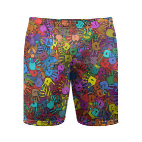 Мужские шорты 3D спортивные с принтом Разноцветные отпечатки рук в Тюмени,  |  | клякса | краски | ладонь | пятна | рука | холи | цвет | цветные