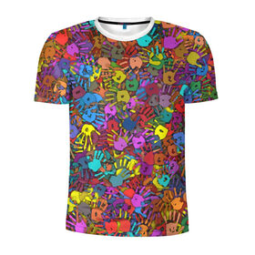 Мужская футболка 3D спортивная с принтом Разноцветные отпечатки рук в Тюмени, 100% полиэстер с улучшенными характеристиками | приталенный силуэт, круглая горловина, широкие плечи, сужается к линии бедра | клякса | краски | ладонь | пятна | рука | холи | цвет | цветные