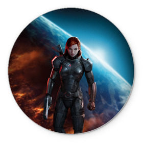 Коврик круглый с принтом Mass Effect в Тюмени, резина и полиэстер | круглая форма, изображение наносится на всю лицевую часть | Тематика изображения на принте: n7 | shepard | галактика | жнец | космос | масс | нормандия | планета | шепард | эффект