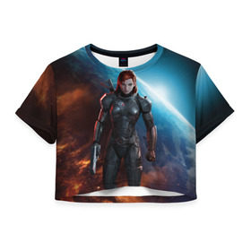 Женская футболка 3D укороченная с принтом Mass Effect в Тюмени, 100% полиэстер | круглая горловина, длина футболки до линии талии, рукава с отворотами | n7 | shepard | галактика | жнец | космос | масс | нормандия | планета | шепард | эффект