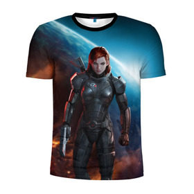 Мужская футболка 3D спортивная с принтом Mass Effect в Тюмени, 100% полиэстер с улучшенными характеристиками | приталенный силуэт, круглая горловина, широкие плечи, сужается к линии бедра | n7 | shepard | галактика | жнец | космос | масс | нормандия | планета | шепард | эффект