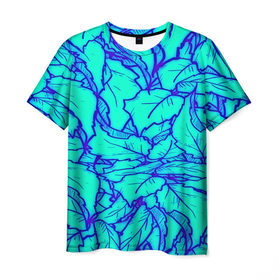 Мужская футболка 3D с принтом Фрактальные лепестки в Тюмени, 100% полиэфир | прямой крой, круглый вырез горловины, длина до линии бедер | листья | паттерн | синий