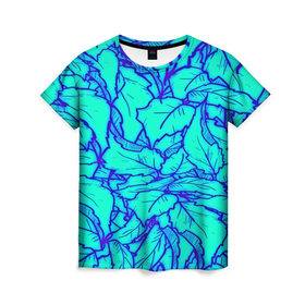 Женская футболка 3D с принтом Фрактальные лепестки в Тюмени, 100% полиэфир ( синтетическое хлопкоподобное полотно) | прямой крой, круглый вырез горловины, длина до линии бедер | листья | паттерн | синий