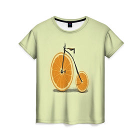 Женская футболка 3D с принтом Апельсиновый велосипед в Тюмени, 100% полиэфир ( синтетическое хлопкоподобное полотно) | прямой крой, круглый вырез горловины, длина до линии бедер | Тематика изображения на принте: 