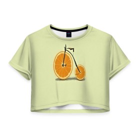 Женская футболка 3D укороченная с принтом Апельсиновый велосипед в Тюмени, 100% полиэстер | круглая горловина, длина футболки до линии талии, рукава с отворотами | 