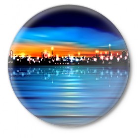 Значок с принтом Вечерний город в Тюмени,  металл | круглая форма, металлическая застежка в виде булавки | закат | пейзаж | яркий