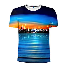 Мужская футболка 3D спортивная с принтом Вечерний город в Тюмени, 100% полиэстер с улучшенными характеристиками | приталенный силуэт, круглая горловина, широкие плечи, сужается к линии бедра | закат | пейзаж | яркий