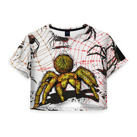 Женская футболка 3D укороченная с принтом Тарантул в Тюмени, 100% полиэстер | круглая горловина, длина футболки до линии талии, рукава с отворотами | spider | паук | паутина | тарантул