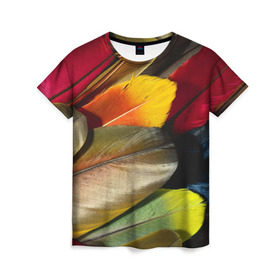 Женская футболка 3D с принтом Перья в Тюмени, 100% полиэфир ( синтетическое хлопкоподобное полотно) | прямой крой, круглый вырез горловины, длина до линии бедер | перо | попугай | птица | радуга | радужный