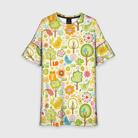 Детское платье 3D с принтом Райские кущи в Тюмени, 100% полиэстер | прямой силуэт, чуть расширенный к низу. Круглая горловина, на рукавах — воланы | деревья | природа | птицы | сад | сова | цветы