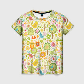Женская футболка 3D с принтом Райские кущи в Тюмени, 100% полиэфир ( синтетическое хлопкоподобное полотно) | прямой крой, круглый вырез горловины, длина до линии бедер | деревья | природа | птицы | сад | сова | цветы
