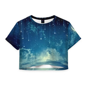 Женская футболка 3D укороченная с принтом Падение звёзд в Тюмени, 100% полиэстер | круглая горловина, длина футболки до линии талии, рукава с отворотами | звездопад | месяц | ночь | пейзаж