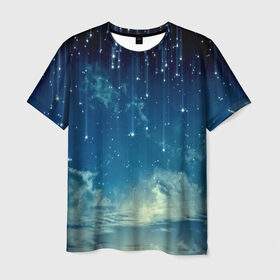 Мужская футболка 3D с принтом Падение звёзд в Тюмени, 100% полиэфир | прямой крой, круглый вырез горловины, длина до линии бедер | Тематика изображения на принте: звездопад | месяц | ночь | пейзаж