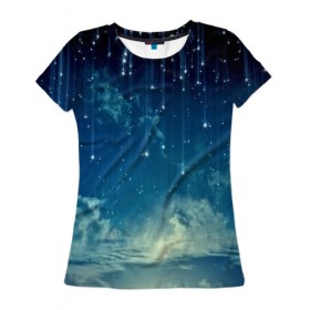 Женская футболка 3D с принтом Падение звёзд в Тюмени, 100% полиэфир ( синтетическое хлопкоподобное полотно) | прямой крой, круглый вырез горловины, длина до линии бедер | Тематика изображения на принте: звездопад | месяц | ночь | пейзаж