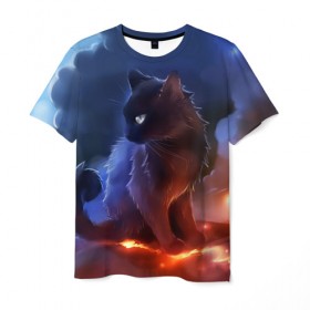 Мужская футболка 3D с принтом Night cat в Тюмени, 100% полиэфир | прямой крой, круглый вырез горловины, длина до линии бедер | киска | кот | котёнок | кошка | небо | ночь | облака | огонь