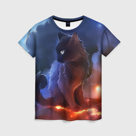 Женская футболка 3D с принтом Night cat в Тюмени, 100% полиэфир ( синтетическое хлопкоподобное полотно) | прямой крой, круглый вырез горловины, длина до линии бедер | киска | кот | котёнок | кошка | небо | ночь | облака | огонь