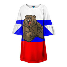 Детское платье 3D с принтом Медведь в Тюмени, 100% полиэстер | прямой силуэт, чуть расширенный к низу. Круглая горловина, на рукавах — воланы | Тематика изображения на принте: медведь | триколор | я русский