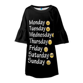 Детское платье 3D с принтом футболка настроение дни недели в Тюмени, 100% полиэстер | прямой силуэт, чуть расширенный к низу. Круглая горловина, на рукавах — воланы | Тематика изображения на принте: дни недели | настроение | позитив | смайлики