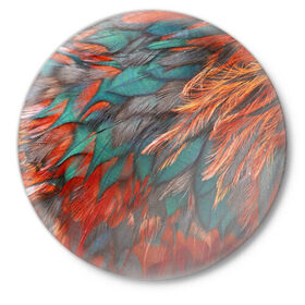 Значок с принтом Камуфляж перья в Тюмени,  металл | круглая форма, металлическая застежка в виде булавки | Тематика изображения на принте: зеленые | красные | перья | птица