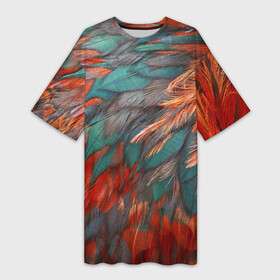 Платье-футболка 3D с принтом Перья в Тюмени,  |  | зеленые | красные | перья | птица