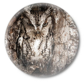 Значок с принтом Камуфляж сова в Тюмени,  металл | круглая форма, металлическая застежка в виде булавки | Тематика изображения на принте: дерево | пернатая | птица | филин