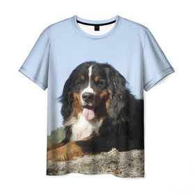 Мужская футболка 3D с принтом Бернский зенненхунд в Тюмени, 100% полиэфир | прямой крой, круглый вырез горловины, длина до линии бедер | Тематика изображения на принте: голубое небо | друг человека | животное | красивая | милая | овчарка | пес | породистая собака | породы | прикольная | природа | рыжий | черный | щенок