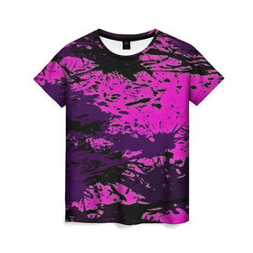 Женская футболка 3D с принтом Кляксы красок в Тюмени, 100% полиэфир ( синтетическое хлопкоподобное полотно) | прямой крой, круглый вырез горловины, длина до линии бедер | лиловый | пятна | черный | яркий