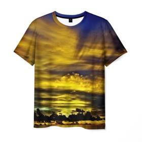 Мужская футболка 3D с принтом Мальдивы в Тюмени, 100% полиэфир | прямой крой, круглый вырез горловины, длина до линии бедер | берег | бунгало | ветки | горизонт | города | закат | корабль | мальдивы | море | отдых | пальмы | песок | пирс | страны | тропики