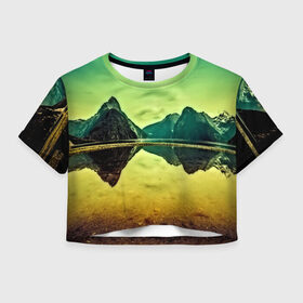 Женская футболка 3D укороченная с принтом Новая Зеландия в Тюмени, 100% полиэстер | круглая горловина, длина футболки до линии талии, рукава с отворотами | humboldt | горы | деревья | долина | зелень | лес | небо | новая зеландия | облака | панорама | река | солнечно