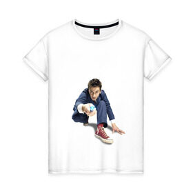 Женская футболка хлопок с принтом Doctor Who в Тюмени, 100% хлопок | прямой крой, круглый вырез горловины, длина до линии бедер, слегка спущенное плечо | doctor who | доктор кто | дэвид теннант | повелитель времени | сериал