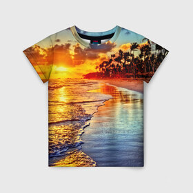 Детская футболка 3D с принтом Гавайи в Тюмени, 100% гипоаллергенный полиэфир | прямой крой, круглый вырез горловины, длина до линии бедер, чуть спущенное плечо, ткань немного тянется | Тематика изображения на принте: hawaii | гавайи | газон | горизонт | море | небо | облака | пальмы | побережье | скалы | солнце | сша | тропики