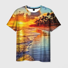 Мужская футболка 3D с принтом Гавайи в Тюмени, 100% полиэфир | прямой крой, круглый вырез горловины, длина до линии бедер | hawaii | гавайи | газон | горизонт | море | небо | облака | пальмы | побережье | скалы | солнце | сша | тропики